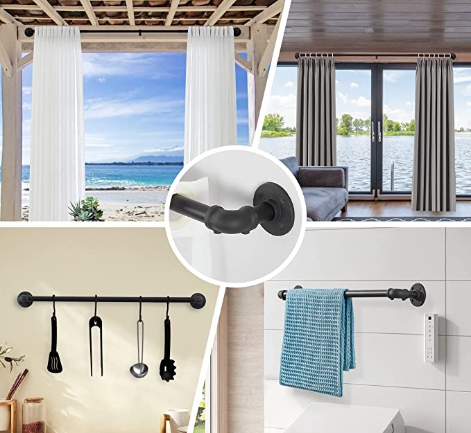 Qouara Blackout Curtain Rod : Industrial Curtain Rods 2 Pack Wrap Around Curtain Rods for windows 28 to 48 inch Rustic Outdoor Curtain Rod for Bedroom Patio Farmhouse Matte Black Curtain Rod