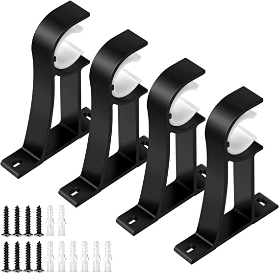 Qouara Curtain Rod Bracket, Heavy Duty Curtain Rod Holders Single Decorative Rod Hooks Hanger Fit for 1 to 1.2 Inch Drapes Rod, Black(Set of 4)